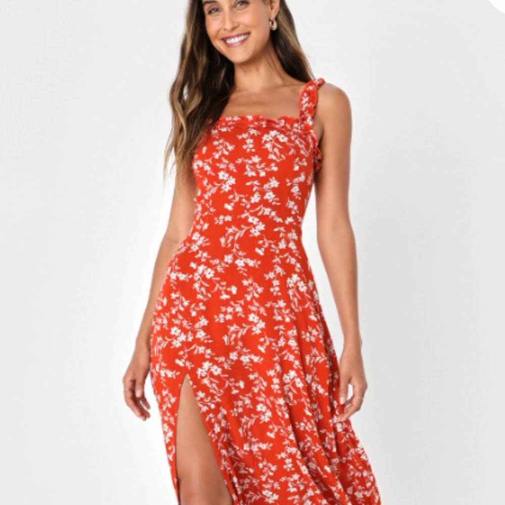 Lulus red orange ruffle midi dress